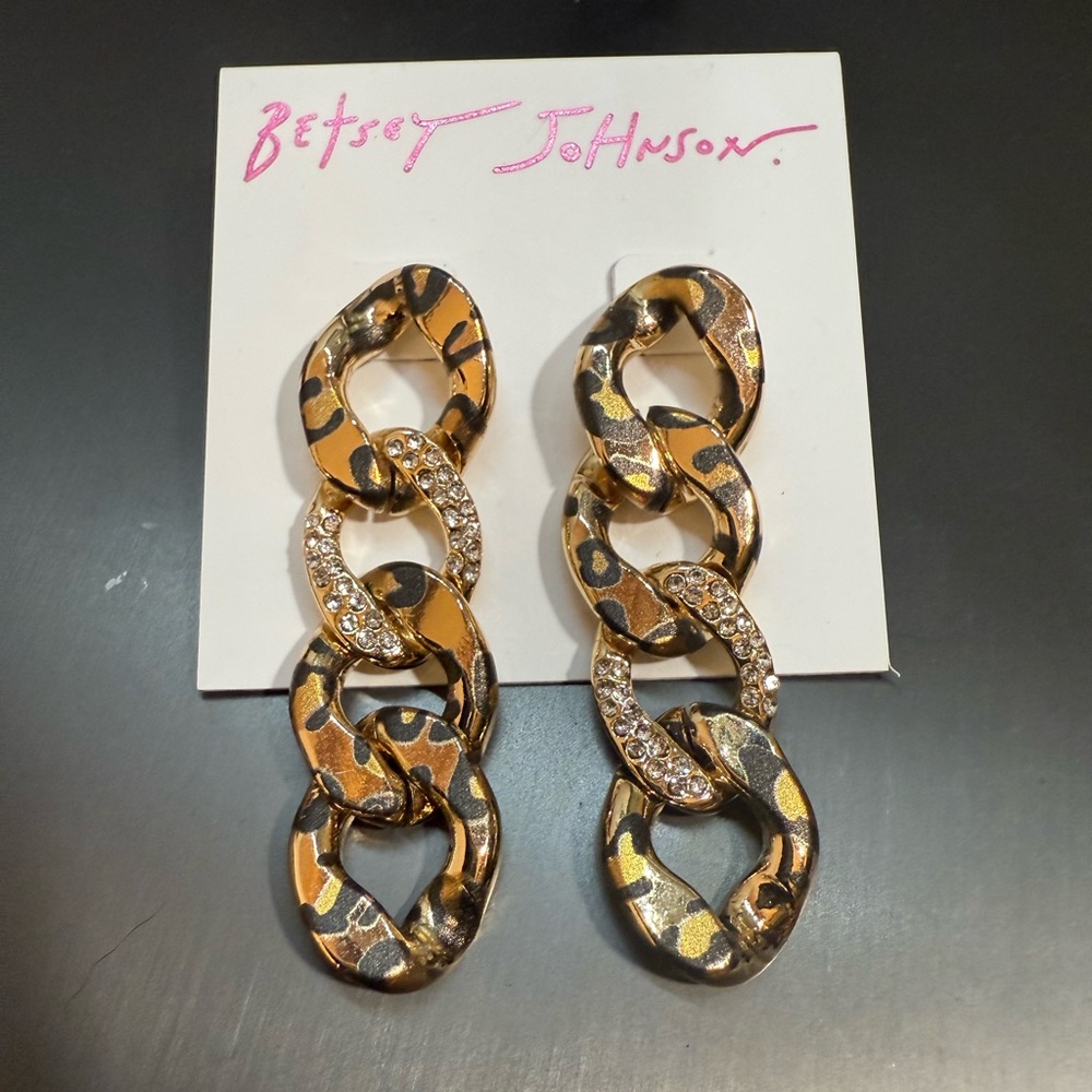 NWT Betsey Johnson Leopard Print Chain Gold Rhinestone Earrings - Picture 3 of 4